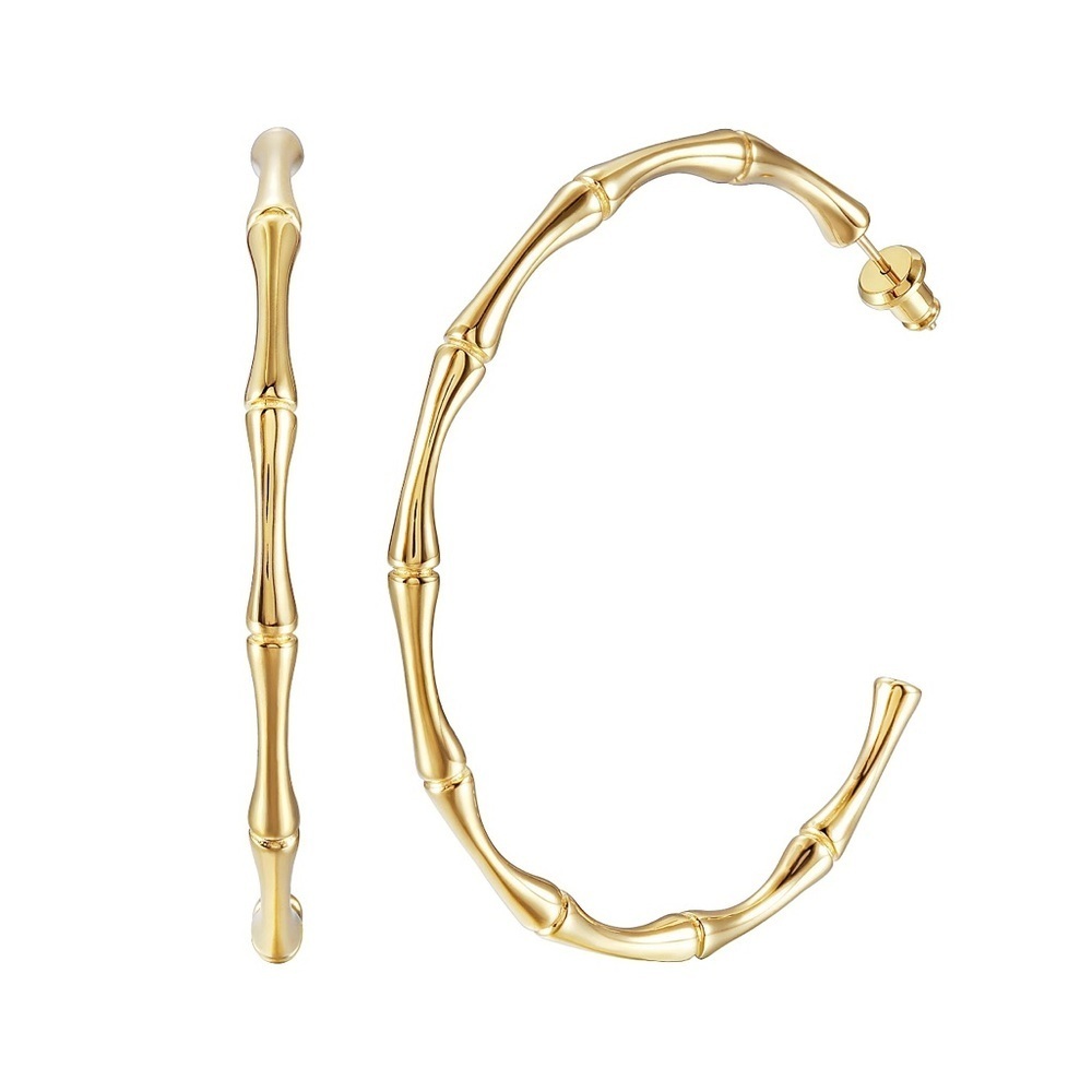 New Arrival Classic Large Bamboo Gold Hoop Earrings - Picture 4 of 7
